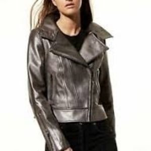 Mackage Aritzia Metallic Gunmetal Pewter lambskin leather motorcycle jacket xxxs